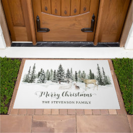 Personalized Watercolor Woodland Merry Christmas Doormat