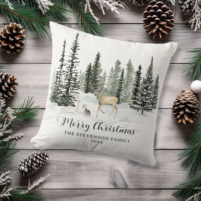 Personalized Watercolor Woodland Merry Christmas Throw Pillow (Personalized Watercolor Woodland Merry Christmas Throw Pillow)