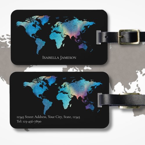 Personalized Watercolor World Map Black Teal Blue Luggage Tag