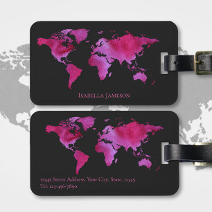 Personalized Watercolor World Map Hot Pink Black Luggage Tag