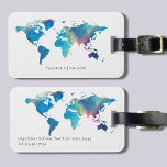 Personalized Watercolor World Map Luggage Tag<br><div class="desc">A pretty,  personalized luggage tag featuring a watercolour world map in teal blues,  pinks and purple. The design is on both sides of the luggage tag and you can easily customize with your name and contact details.</div>