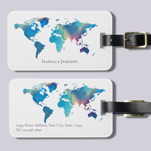 Personalized Watercolor World Map Luggage Tag