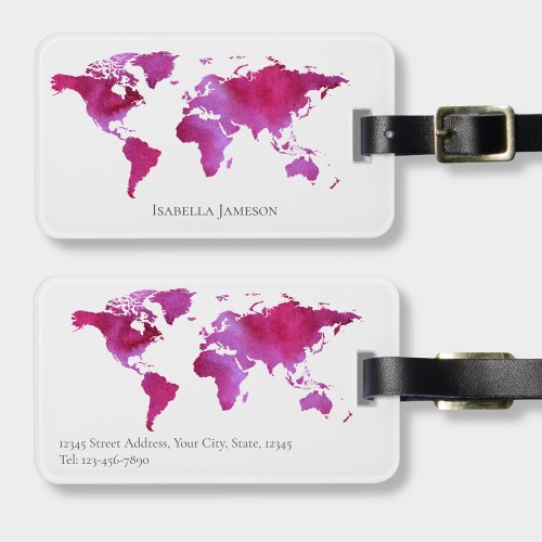 Personalized Watercolor World Map Pink White Luggage Tag