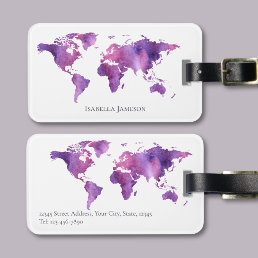 Personalized Watercolor World Map Purple Pink Luggage Tag