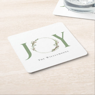 Personalized Watercolor Wreath Joy Square Paper Coaster