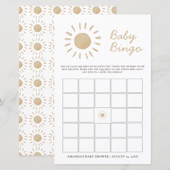 Personalized Watercolor Yellow Sunshine Baby Bingo (Front/Back)