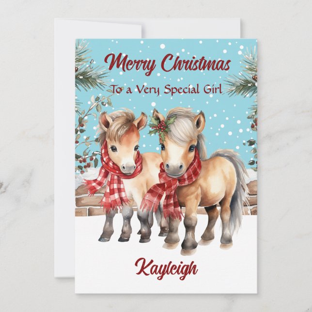 Personalized Watercolour Pony Flat Christmas Holiday Card (Front)