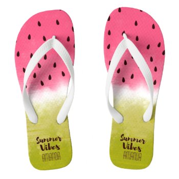 Personalized Watermelon Background Summer Vibes Flip Flops by BooPooBeeDooTShirts at Zazzle
