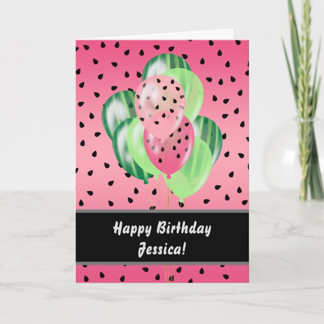 Personalized Watermelon Balloons Happy Birthday Card (Front)