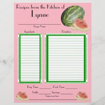 Personalized Watermelon Design Recipe Page by Lynnes_creations at Zazzle