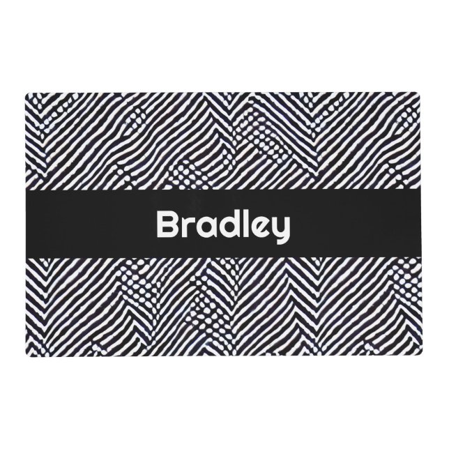 Personalized Waterproof Black & White Dog Food Mat (Front)