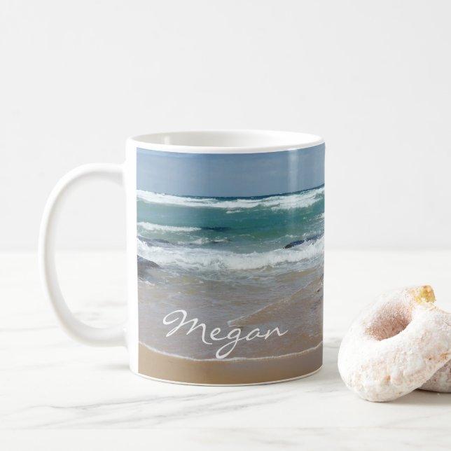Personalized Waves Beach  Coffee Mug (With Donut)