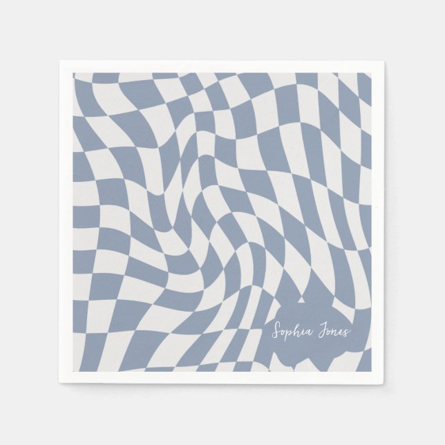 Personalized Wavy Blue Optical Checkerboard  Napkins (Front)