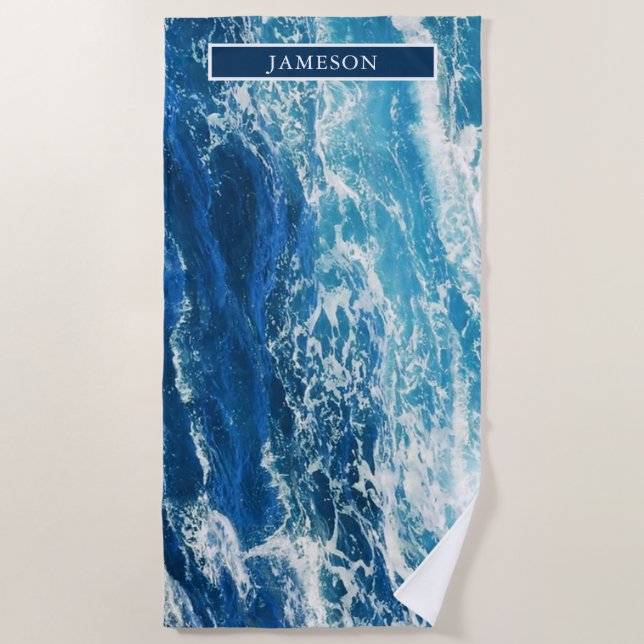 Personalized Wavy Blue Sea Beach Towel (Front)