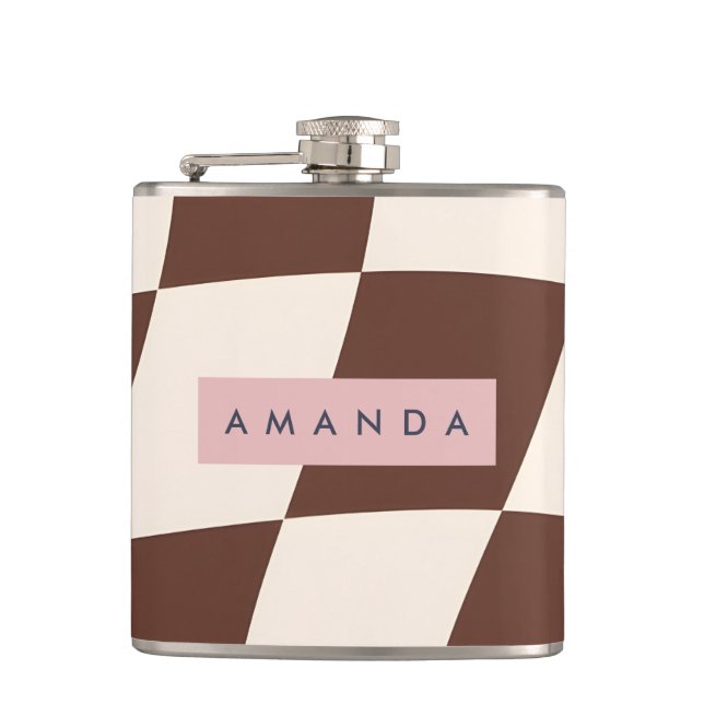 Personalized Wavy Brown Checkerboard Flask (Front)