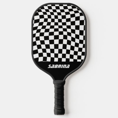 Personalized Wavy Checker  Black and White Pickleball Paddle