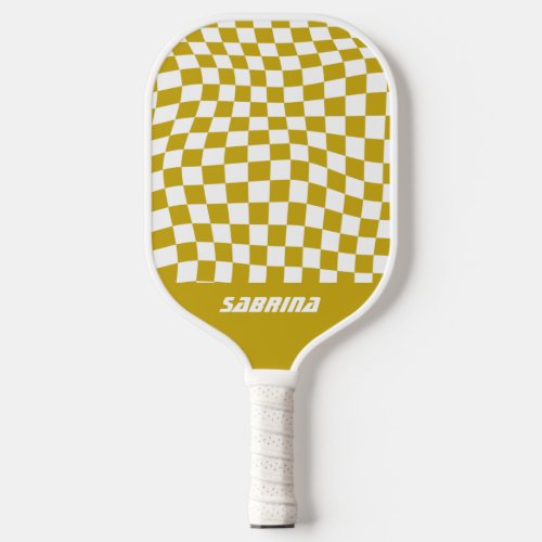 Personalized Wavy Checker  Golden and White Pickleball Paddle