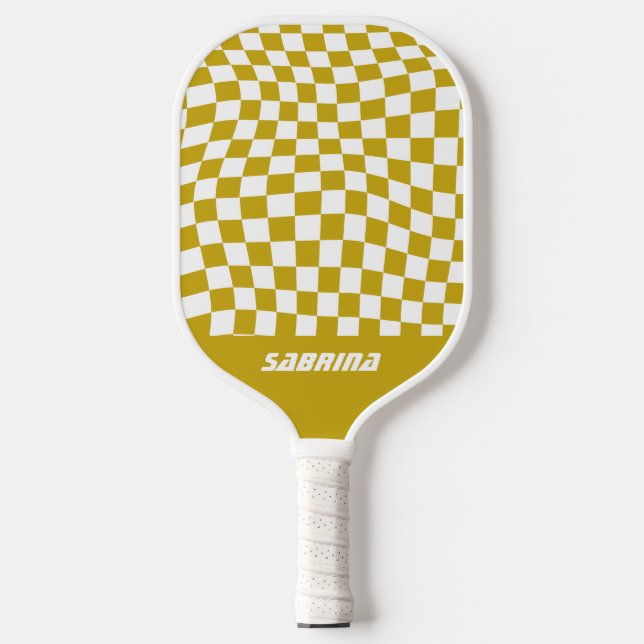 Personalized Wavy Checker | Golden and White Pickleball Paddle (Front)
