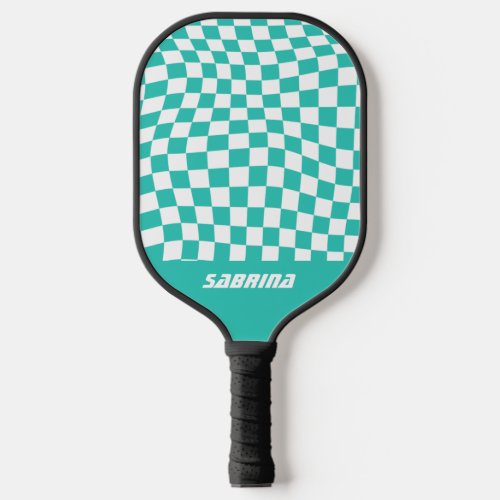 Personalized Wavy Checker  Teal and White Pickleball Paddle