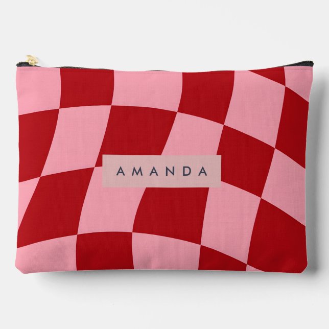 Personalized Wavy Red and Pink Checkered Accessory Pouch (Front)