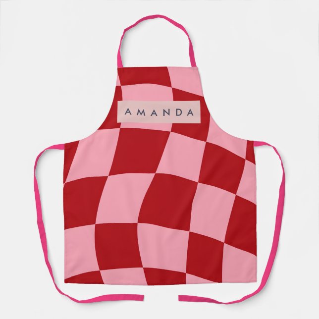 Personalized Wavy Red and Pink Checkered Apron (Front)