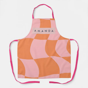Personalized Wavy Retro Orange & Pink Checkered  Apron