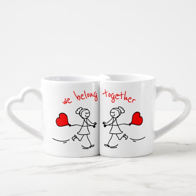Personalized "we belong together" lesbian couple's coffee mug set (Front Nesting)