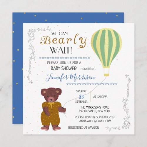 Personalized We Can Bearly Wait Baby Shower Boy Invitation