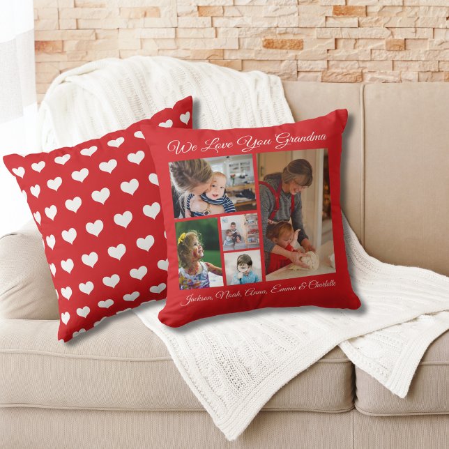 Personalized We Love You Grandma | Red 5 Photo Throw Pillow (Creator Uploaded)