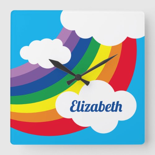 Personalized Weather Rainbow Clouds and Sunshine Square Wall Clock