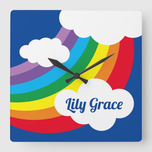 Personalized Weather Rainbow Clouds and Sunshine Square Wall Clock