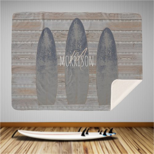 Personalized Weathered Beach Driftwood Surfboard Sherpa Blanket