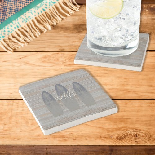 Personalized Weathered Beach Driftwood Surfboard Stone Coaster