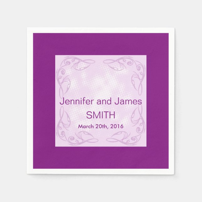 Personalized Wedding Abstract Swirl Purple Paper Napkins (Front)