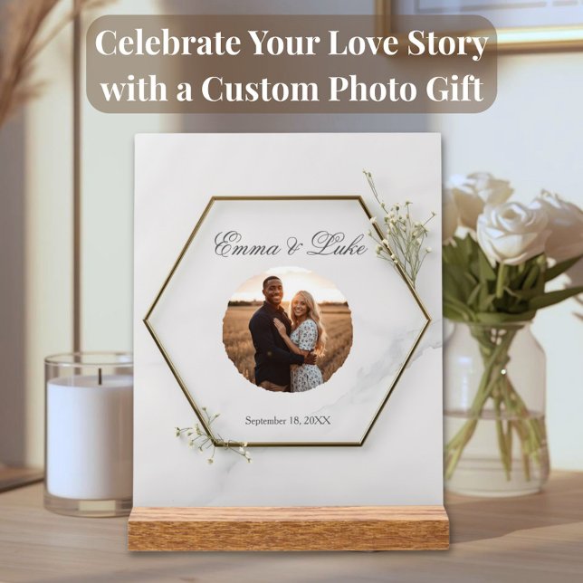 Personalized Wedding Acrylic Block with Photo Sign (Modern hexagon acrylic wedding sign with elegant photo keepsake and minimalist gold design.
)