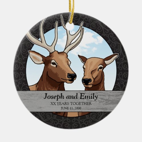Personalized Wedding Anniversary Elk Pair Ceramic Ornament