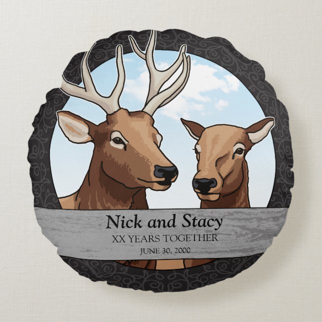 Personalized Wedding Anniversary, Elk Pair Round Pillow (Front)