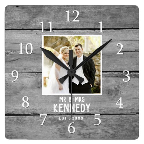 Personalized Wedding Anniversary Photo Rustic Wood Square Wall Clock