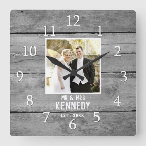 Personalized Wedding Anniversary Photo Rustic Wood Square Wall Clock