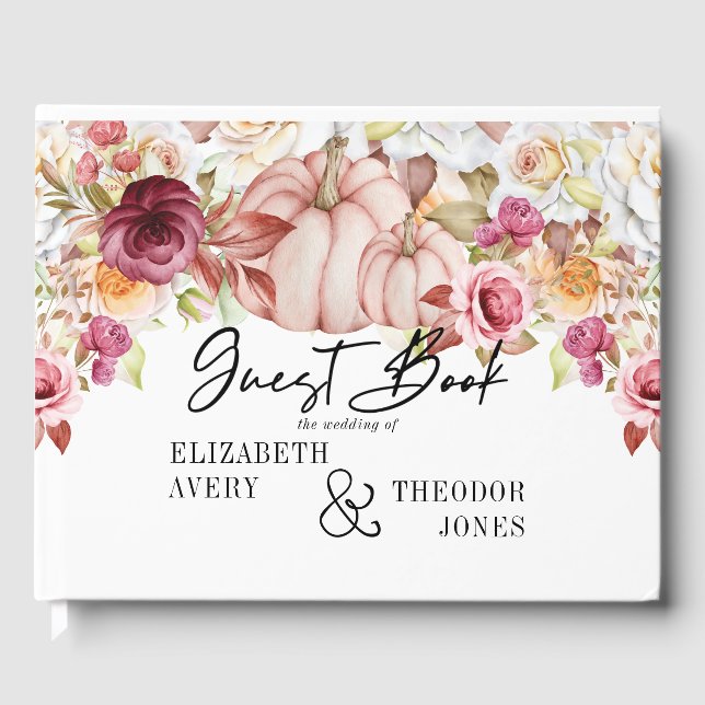 Personalized Wedding Autumn Pink Burgundy Pumpkin Guest Book (Front)