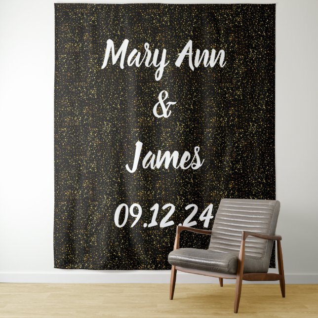 Personalized Wedding Backdrop Black Gold Lights (In Situ)