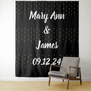 Personalized Wedding Backdrop Black Gold Lights
