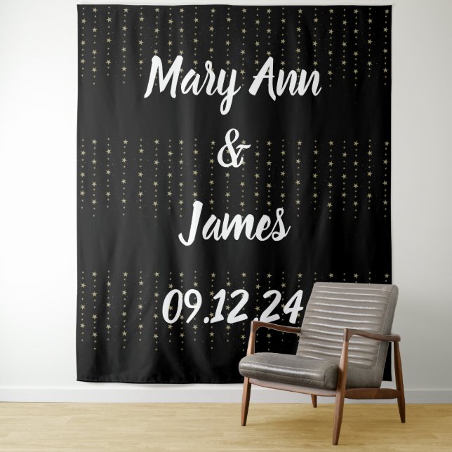 Personalized Wedding Backdrop Black Gold Lights (In Situ)