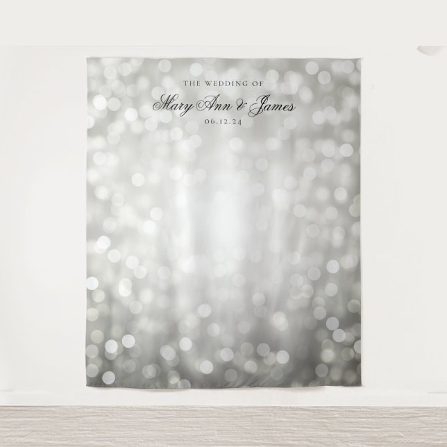 Personalized Wedding Backdrop Silver Bokeh Lights (Front)