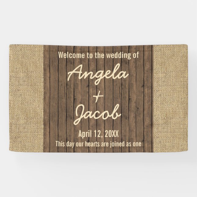 Personalized Wedding Banner Rustic Burlap Wood (Horizontal)