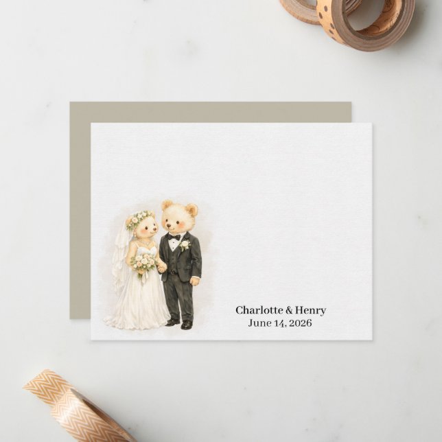 Personalized Wedding Bear Couple Note Card (Front/Back In Situ)