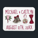 Personalized Wedding Bell Flowers Bowtie Bouquet Magnet<br><div class="desc">Magnet design features an original illustration of a row of classic wedding designs including a bell,  bowtie,  flower bouquet and boutonniere. Just personalize with your information.

Don't see exactly what you're looking for? Contact Rebecca to have a product customized just for you!</div>