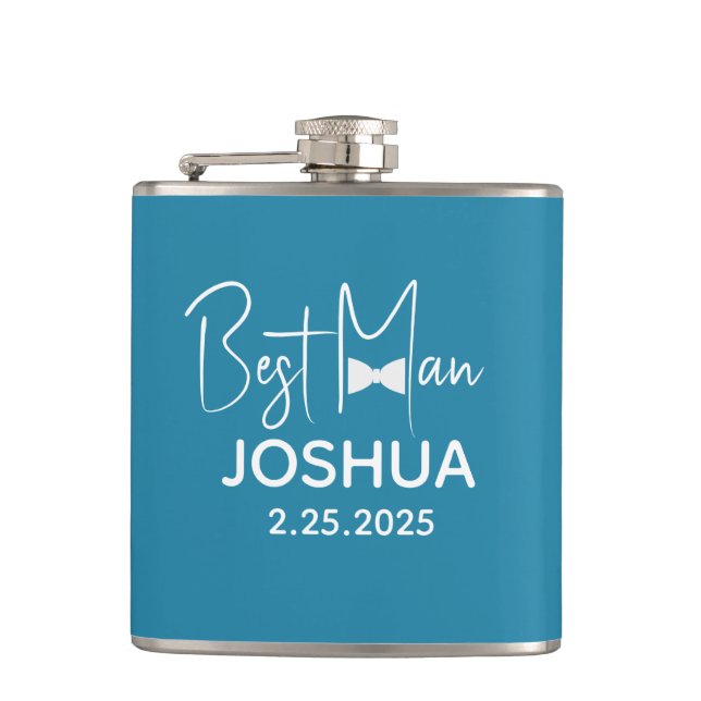 Personalized Wedding Best Man Modern Dusty Blue Flask (Front)