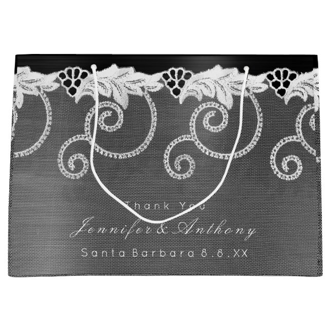 Personalized Wedding Black White Royal Lace Large Gift Bag (Front)