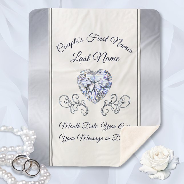 Personalized Wedding Blankets Throws Heart Diamond (Beautiful, Personalized Wedding Blanket. Super Soft Sherpa, Wedding Blanket.  Heart Shaped Diamond.)